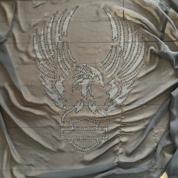 Harley Davidson Plus Size 1X Sheer Black Button Down Rhinestone Logo Top Womens - Picture 12 of 12